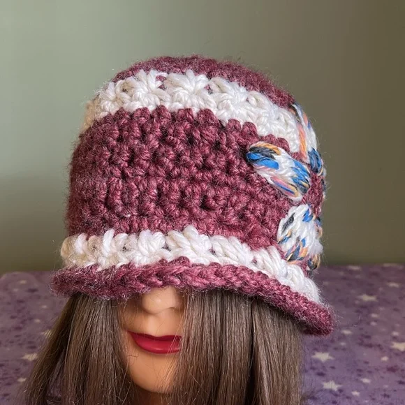 Handcrafted dark cherry Crochet Hat with Floral Accent medium extremely warm - Picture 3 of 10